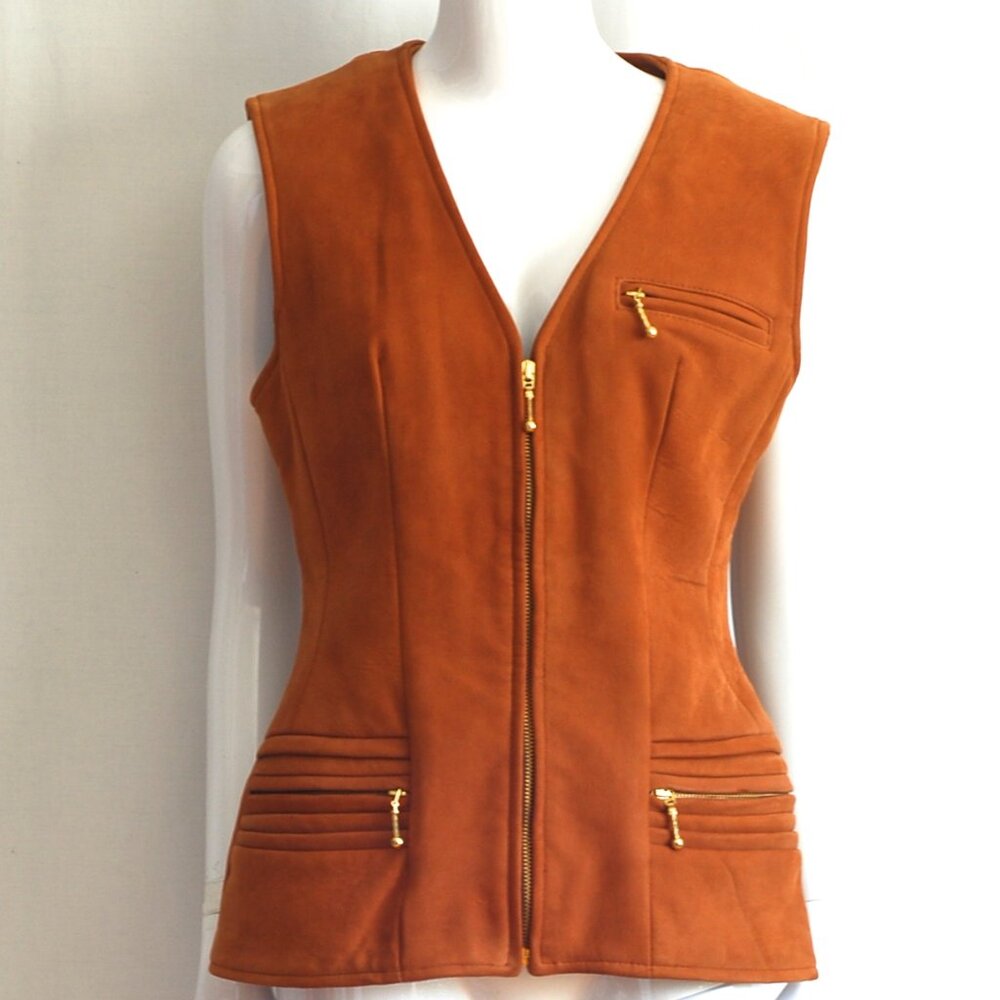 Cache Lined Tan Suede Fitted Sleeveless Jacket With Zippered Pockets - Canada